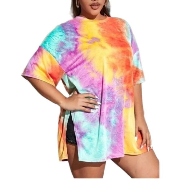 Plus Size Tie Dye Print Slit T-shirt Sz 2X - Picture 1 of 5